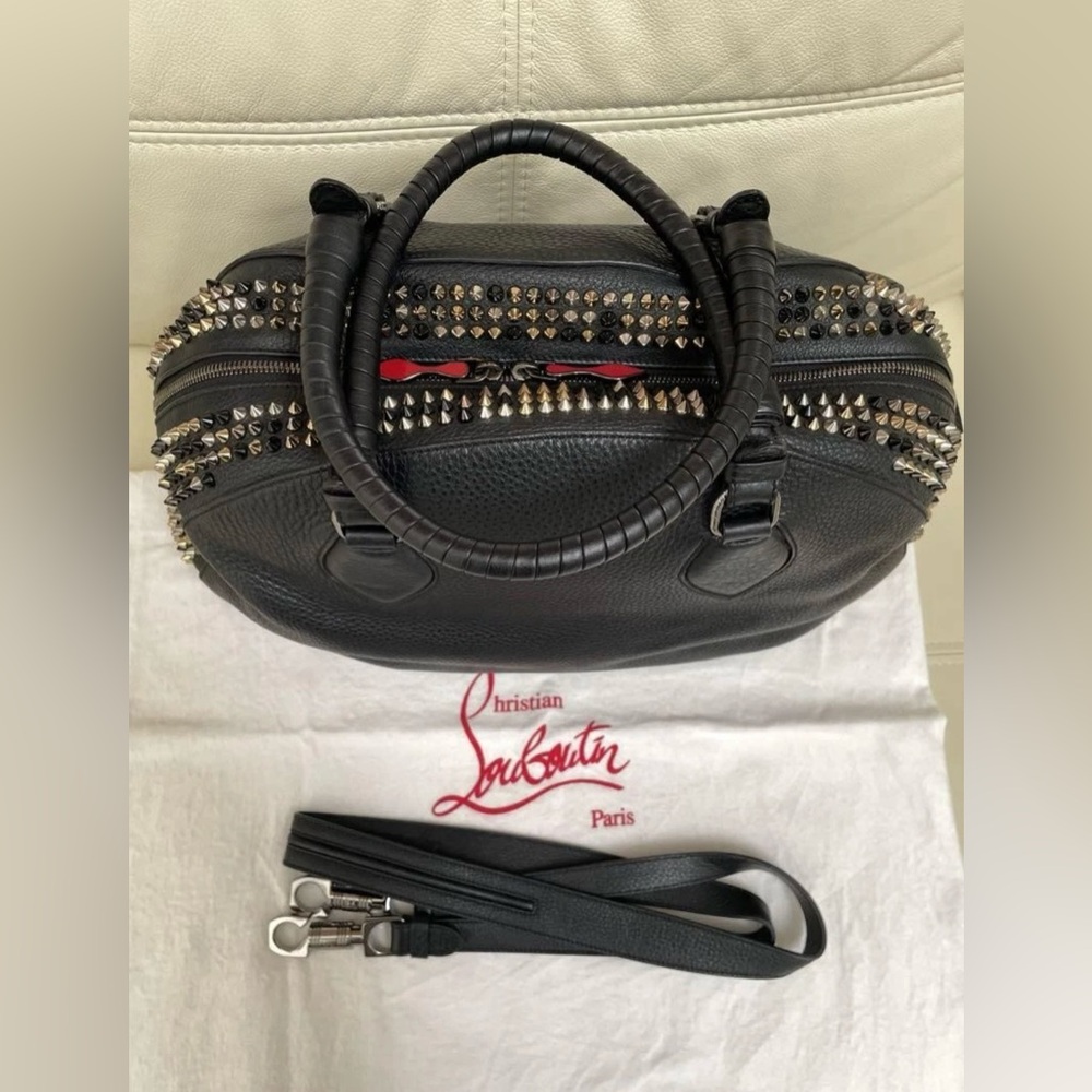 CHRISTIAN LOUBOUTIN Oversized Spiked Carryall Boston Bag Black Silver Gold Studs - Picture 3 of 10